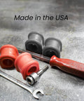 Made in the USA, Beefed-Up Three Eighths Inch Universal Sway Bar End Link Repair Kit For A Pair Of Links Includes Code Red Grommets Washers And Nuts Fully Restores Bushings Made In USA For Reliable Suspension Performance.