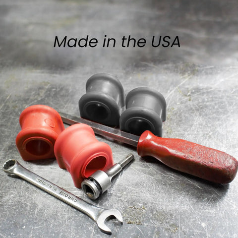 Made in the USA, Beefed-Up Three Eighths Inch Universal Sway Bar End Link Repair Kit For A Pair Of Links Includes Code Red Grommets Washers And Nuts Fully Restores Bushings Made In USA For Reliable Suspension Performance.