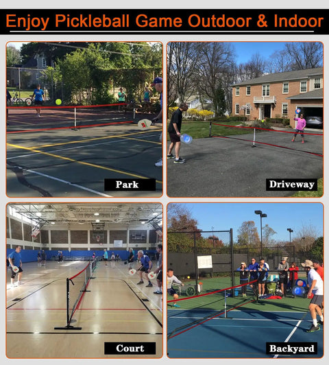 Portable 22ft Regulation Pickleball Net Set With 4 Outdoor Balls And Carry Bag in use at park, driveway, court, and backyard