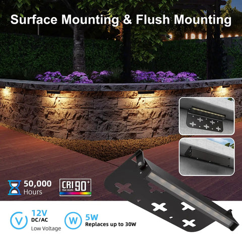12 Pack 7 Inch LED Hardscape Wall Lights for Outdoors, 5W Low Voltage 12V AC/DC, 2700K Soft White, IP65 Waterproof, mounting options shown