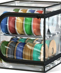 Maker Friendly Two Tier 3D Printer Filament Storage Rack With Transparent Cover holds up to 24 rolls of 1kg filament