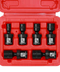 Red case displaying One Half Inch Drive Deep Universal Impact Socket Set, 10 Piece, 6 Point Metric, sizes visible, inlay view.
