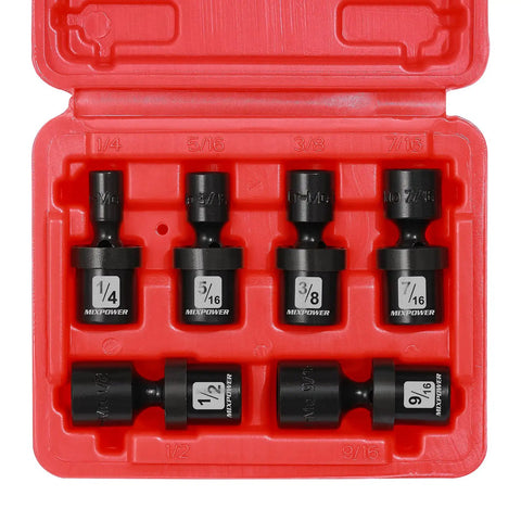 Red case displaying One Half Inch Drive Deep Universal Impact Socket Set, 10 Piece, 6 Point Metric, sizes visible, inlay view.