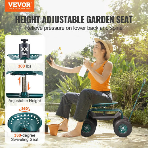 Green Garden Cart Rolling Workseat With Wheels 360 Degree Swivel Gardening Stool For Planting Wagon Scooter with assembly details
