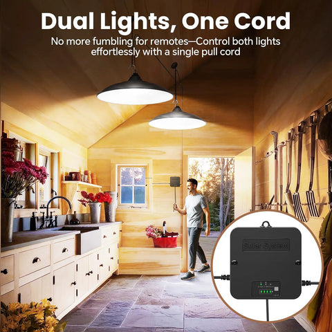 Man in a garage with Solar Shed Light With Dual Lamps, 2000LM Outdoor Indoor Pendant Lighting, Pull String Control.