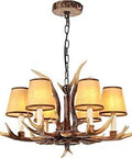 Dope Antler Chandelier Lighting With 6 Lights, deer horn style fixture with clip on black shades, rustic vibe, brown finish