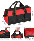 3 Pack Heavy Duty Tool Bags With Waterproof Hard Bottom featuring red 13 inch bag with wide mouth tote for electricians, carpenters, and mechanics.