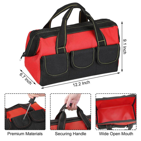 3 Pack Heavy Duty Tool Bags With Waterproof Hard Bottom featuring red 13 inch bag with wide mouth tote for electricians, carpenters, and mechanics.
