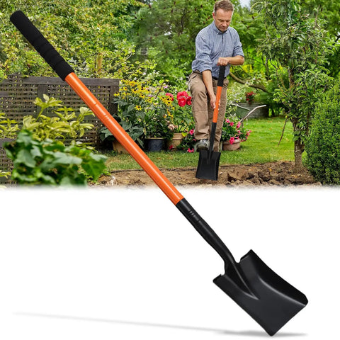 Man using Handy Small Garden Shovel For Digging And Planting With 43 Inch Metal Handle Square Trench Spade in garden