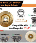 Diagram showing compatibility of Ultimate 11-Piece Wood Carving Disc Set with 7/8 and 5/8 inch grinder arbors, includes conversion rings.
