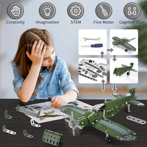 Child assembling 285 Piece Model Airplane STEM Build Set For Kids Ages 8 12 16 Hands On Science Kit With Simple Assembly