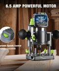 Compact Router Combo Kit With Fixed Base And Plunge, 6.5 Amp Power, shown in workshop with wood and speed control features