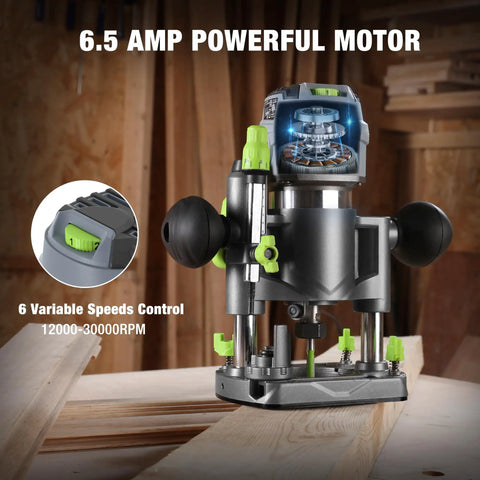 Compact Router Combo Kit With Fixed Base And Plunge, 6.5 Amp Power, shown in workshop with wood and speed control features