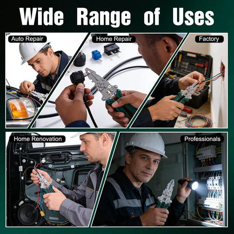 Collage showing All In One Foldable Wire Stripper With Voltage Tester For Electricians used in various professional tasks