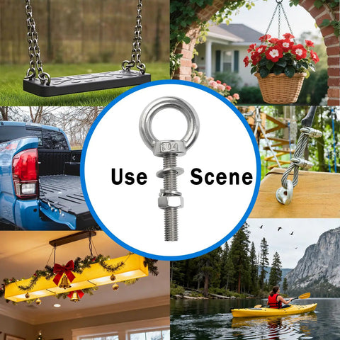 5 Pack M8 Stainless Steel Eye Bolts With Hex Nuts Flat And Spring Washers 30mm Heavy Duty Eyebolts Hardware Kit For Outdoor Hanging Tie Down Marine Rigging And Lifting, 304 eye bolt use scenes