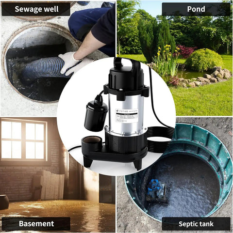 1HP Submersible Sump Pump For Sewage And Effluent, 5600 GPH High Flow, 40 Ft Lift, rugged cast iron for basement and septic use