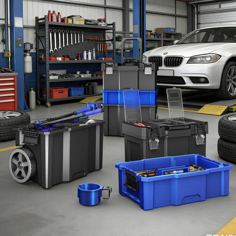 3 Tier Rolling Tool Box With Wheels Portable Stackable Garage Organizer Set with open trays and removable cup holder.