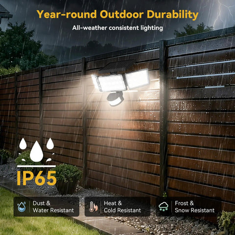 Hella Bright Solar Flood Lights With 168 Led Motion Sensor 3 Head Wide Angle Mount Rock Solid Ip65 Waterproof Security Spots For Yard Heavy Duty Three Mode Light Black Two Pack