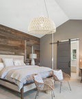 Rattan Pendant Light With Hemp Rope Cord, Boho Wicker Basket Shade, Cream Finish in rustic farmhouse bedroom setting