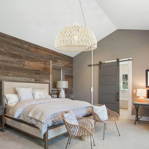 Rattan Pendant Light With Hemp Rope Cord, Boho Wicker Basket Shade, Cream Finish in rustic farmhouse bedroom setting