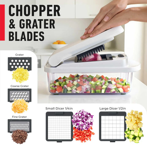 Real Original Pro 10 in 1 Vegetable Chopper and Mandoline Slicer with 8 Blades cutting vegetables into a container