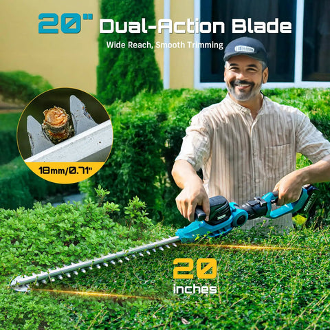 Man using Pole And Cordless Hedge Trimmer 2-In-1 Electric Bush Trimmer with 20 Inch Dual-Action Blade on bushes.