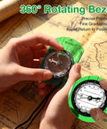 Person holding a green orienteering compass with 360° rotating bezel on a vintage map background for hiking and navigation.
