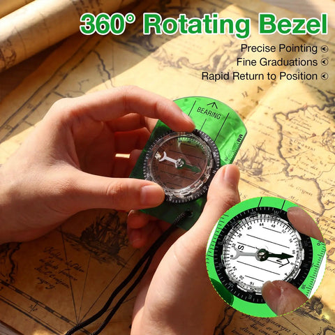 Person holding a green orienteering compass with 360° rotating bezel on a vintage map background for hiking and navigation.