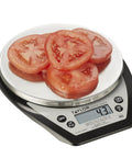 Compact Digital Kitchen Scale For Precise Weighing And Portion Control, Tare Function, NSF Certified Stainless Steel Platform with tomatoes