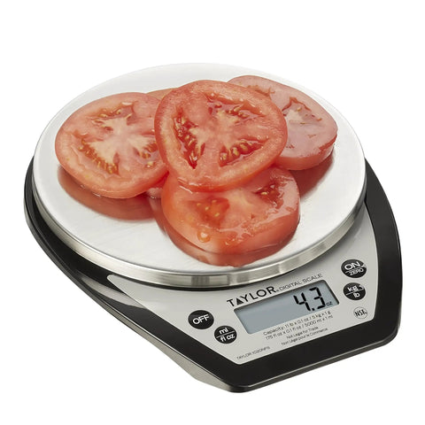 Compact Digital Kitchen Scale For Precise Weighing And Portion Control, Tare Function, NSF Certified Stainless Steel Platform with tomatoes