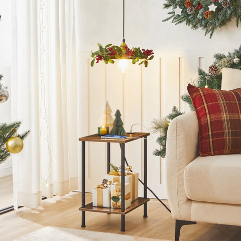 Super Handy End Table With Built In Charging Station And USB Port Type C Outlet For Nightstand Use In Small Spaces Rustic Brown Two Shelf Side Table For Living Room Or Bedroom With Stable Frame, decorated for Christmas.
