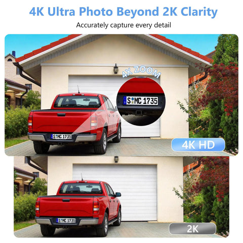 Red truck by garage captured by No Drill Magnetic Window Camera For Inside Or Outside Monitoring Through Glass 4K 8MP Lens, zoomed detail