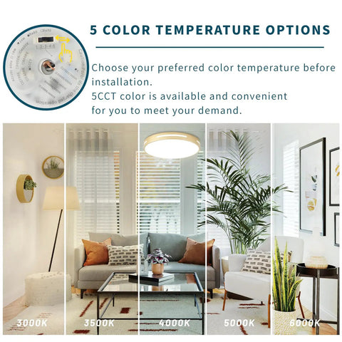 Image showing 5 color temperature options for 12 Inch LED Flush Mount Ceiling Light Two Pack Dimmable 24W 2400 Lumens Close To Ceiling.