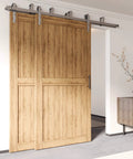 Brushed Nickel Double Track U Shape Bypass Sliding Barn Door Hardware Kit For Two Doors 5.5ft Flat Track Classic Roller Design Space Saver Bypass System installed view