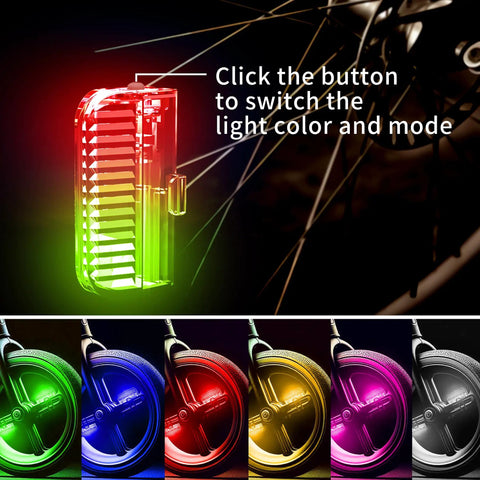 Rechargeable Bike Wheel Lights 2 Pack showing color modes on bike spokes with motion sensor auto on off feature