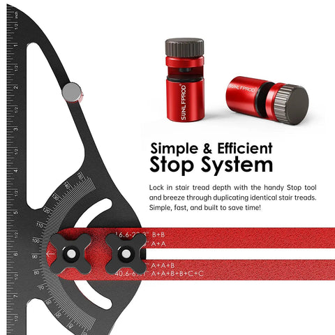 Heavy Hitter Stair Tread Template Tool With Double Nut Locking Design For Precision Woodworking And Carpentry Jig Setup Smooth Operator For DIY Contractors Straight Shot Layout Guide with red stop tool and measurement gauge.