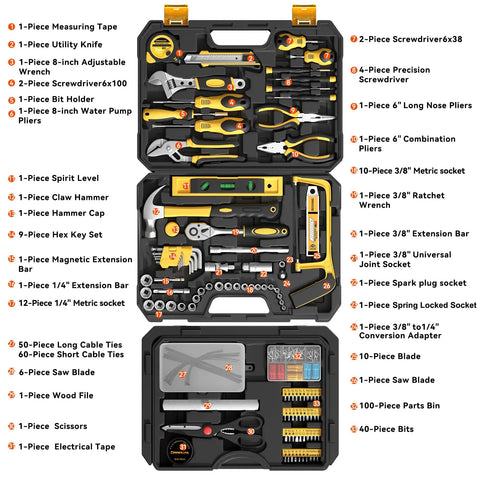 328 Piece Tool Kit For Home And Auto Hand Repair Tool Set In A Sturdy Toolbox With Drawer, open showing various hand tools.