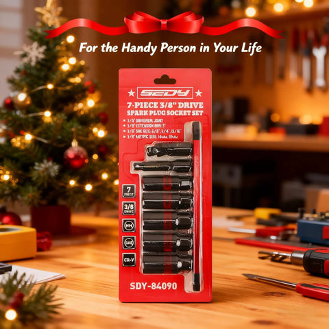 Eight Piece Three Eighths Inch Drive Spark Plug Socket Set With Magnetic Rail SAE And Metric Sizes packaged and displayed