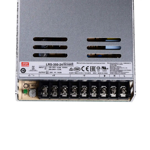 24V DC Switching Power Supply, 14.6A 350W, 88 Percent Efficient, front view showing terminal connections and certifications
