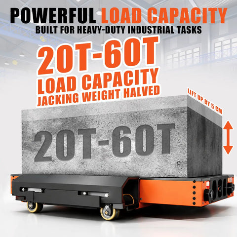 Heavy Duty Electric Skate Dolly With Lifting Function For Large Machinery showing 20T-60T load capacity in warehouse