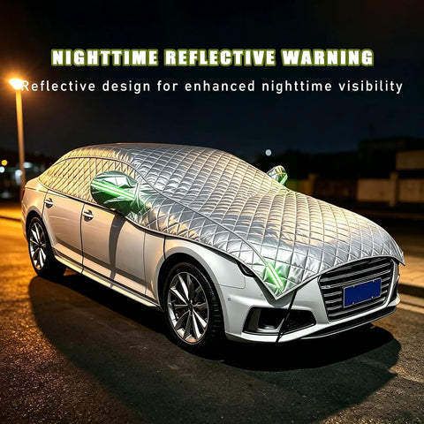 Full Send Hail Protector Car Cover For Tesla Cybertruck 2024 Through 2026 heavy duty padded cover with reflective design at night.