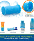 Blue Toiletry Skins Elastic Sleeve Leak Proofing Gear for travel containers in luggage, fits sunscreen, toothpaste, lotion, shampoo