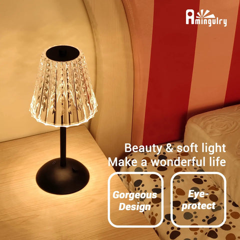 Cordless LED Table Lamp With 4000mAh Rechargeable Battery in bedroom setting, crystal shade illuminating softly