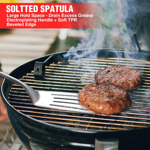 Grilling burgers with spatula from heavy duty BBQ tool set with premium stainless steel spatula fork brush and tongs for grilling lovers outdoors a top notch gift idea for men and women who live for the grill.