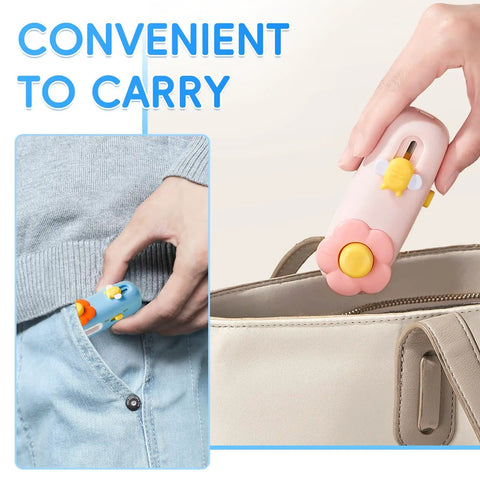 No Sweat Mini Bag Sealer and Cutter in hand, compact and portable design, easily fits in pocket or bag for convenience.
