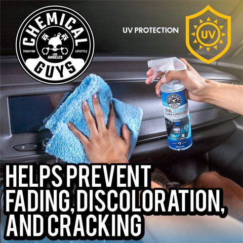 Chemical Guys Total Interior Cleaner & Protectant spray bottle; person wipes car dashboard with blue microfiber cloth.