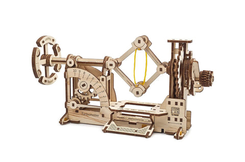 Tachometer Model Kit For Adults, Hands On Wooden STEM Puzzle side view with gears and components visible
