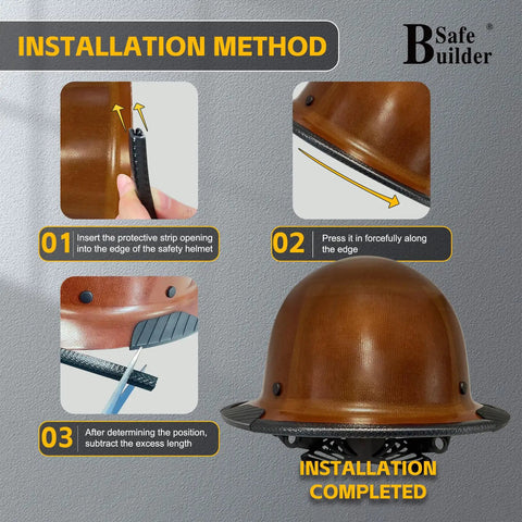 Black Brim Edge Protector Strip For Hard Hats, Pro Grade Hard Hat Accessory, installation steps for 37.4 inch brim cover
