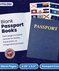 Kid Friendly Fake Passport Book Set With Stickers 10 Pack Blue Realistic Blank Passports For Kids Classroom Travel Decor And Party Activities 24 Blank Pages, showing open and closed passports with flag stickers.