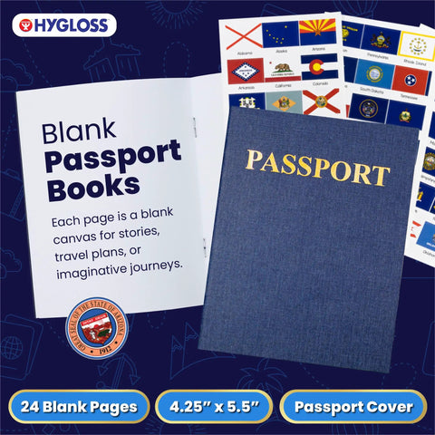 Kid Friendly Fake Passport Book Set With Stickers 10 Pack Blue Realistic Blank Passports For Kids Classroom Travel Decor And Party Activities 24 Blank Pages, showing open and closed passports with flag stickers.